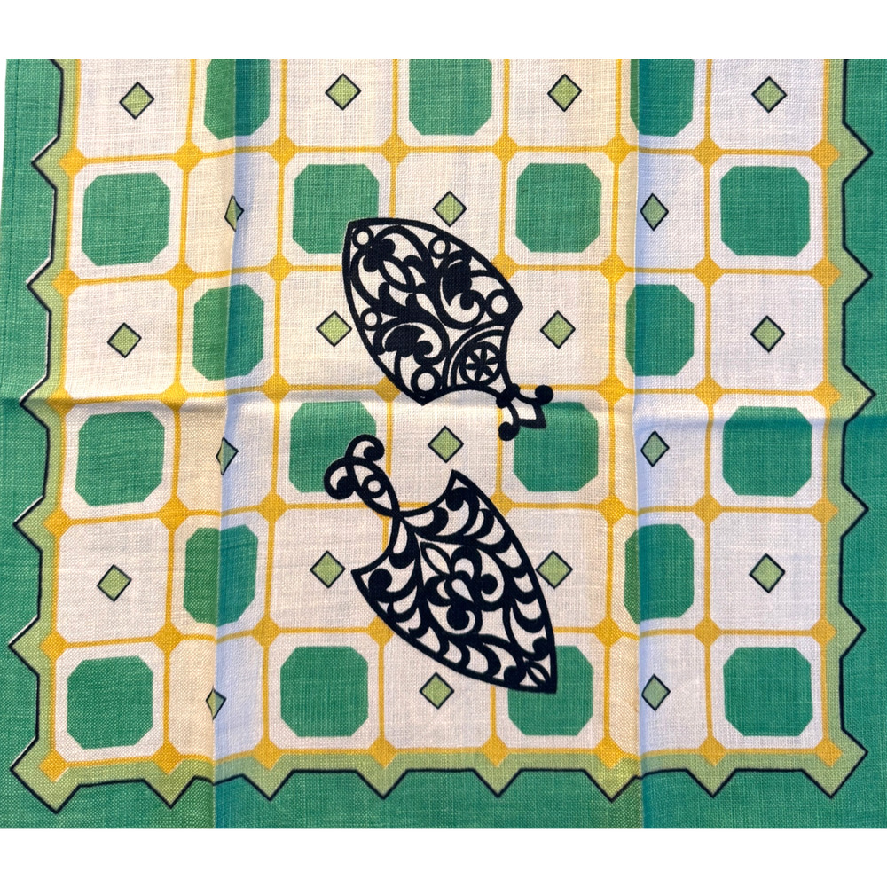 Vintage 1950s Linen Tea Towel Geometric Graphics Checkerboard Kitchen Retro MCM
